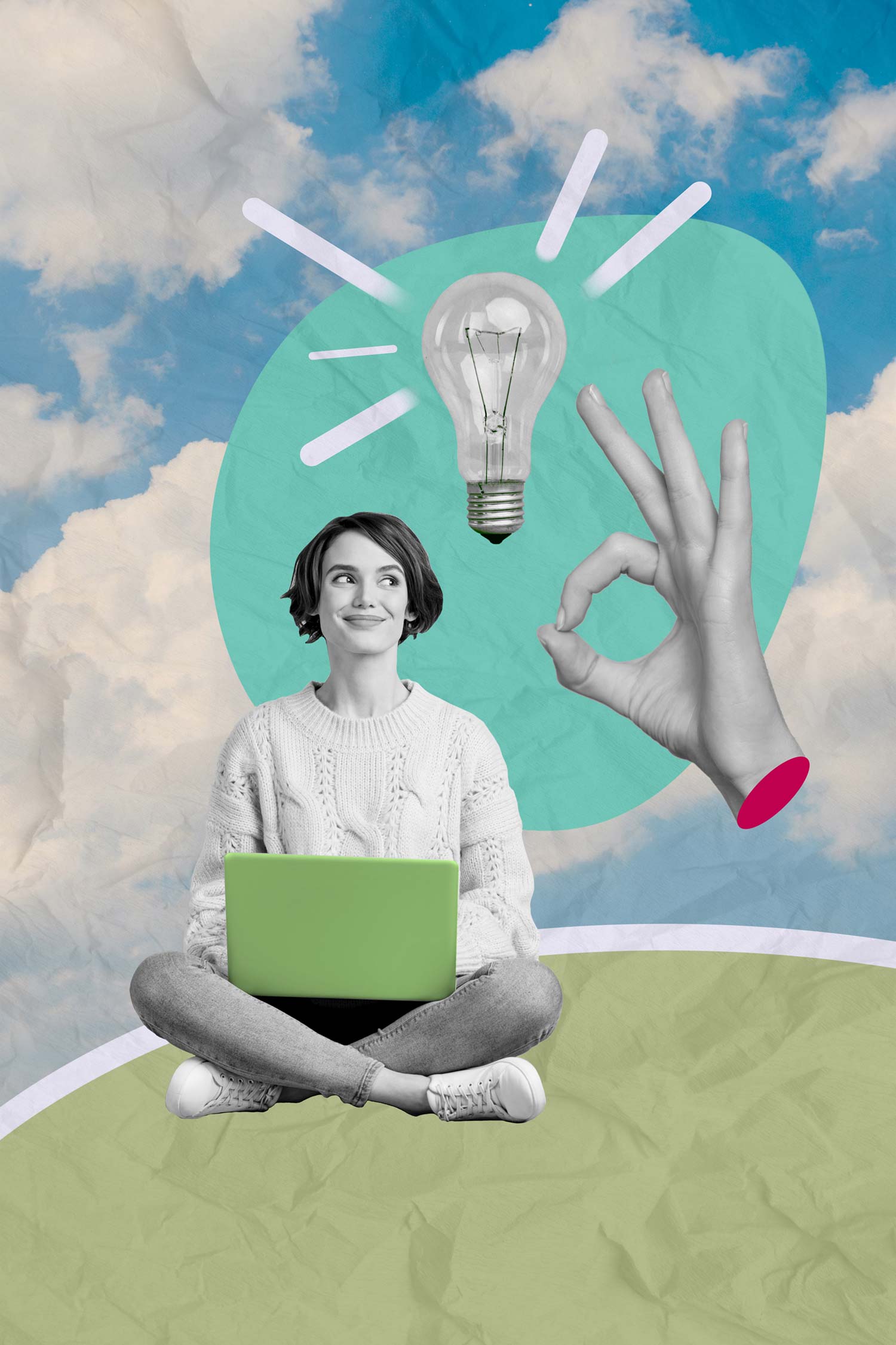 Katrin Pingel Coachin für Finanzen und Vorsorge aus Unna. Das Bild zeigt eine Collage. Eine junge Frau sitzt im Schneidersitz mit einem grünen Laptop auf dem Schoss. Sie lächelt und guckt zur Seite. Neben ihr schwebt eine abgeschnittene Frauenhand, die das OK-Symbol mit Daumen und Zeigefinger formt. Über der Frau schwebt eine Glühbirne. Die drei beschriebenen Bildelemente sind in schwarz-weiß abgebildet, der Rest ist in bunten Formen gestaltet. Im Hintergrund sieht man einen blauen Himmel mit weißen Wolken. Die Collage wird für das Thema "Komm´ in mein Finanz­coaching, wenn du unzufrieden bist, wo Du finanziell stehst“ verwendet.