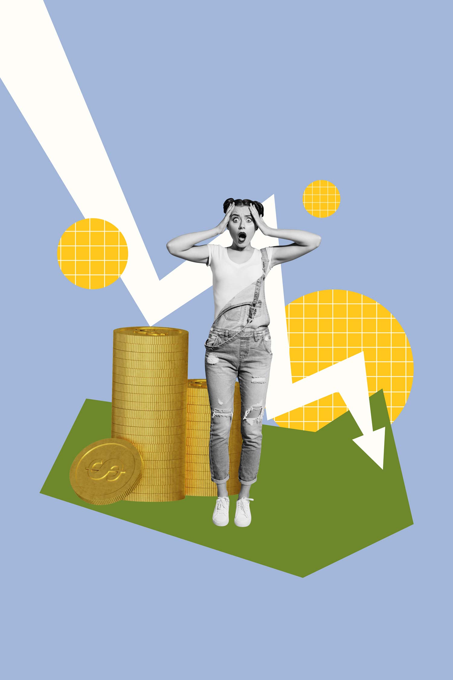 Katrin Pingel professionelle Coachin für Finanzen und Vorsorge aus Unna. Das Bild zeigt eine Collage. Eine junge Frau schaut erschrocken in die Kamera, dabei hält sie ihre Hände an den Kopf, die Ellenbogen weit nach außen gestreckt. Ihre Augen sind weit geöffnet und der Mund formt ein großes „O“. Sie trägt eine Jeans-Latzhose, wobei ein Träger herunterhängt. Die Frau ist in schwarz-weiß abgebildet. Direkt hinter und neben ihr stapeln sich goldene Geldmünzen mit Doller-Zeichen zu Säulen. Hinter der Frau verläuft zickzack ein weißer Graph von links oben nach rechts unten. Im Hintergrund sind bunte geometrische Formen zu sehen. Der Hintergrund ist blau. Die Collage wird für das Thema "Komm´ in mein Finanz­coaching, wenn du schon einmal eine Unterschrift bereut hast“ verwendet.
