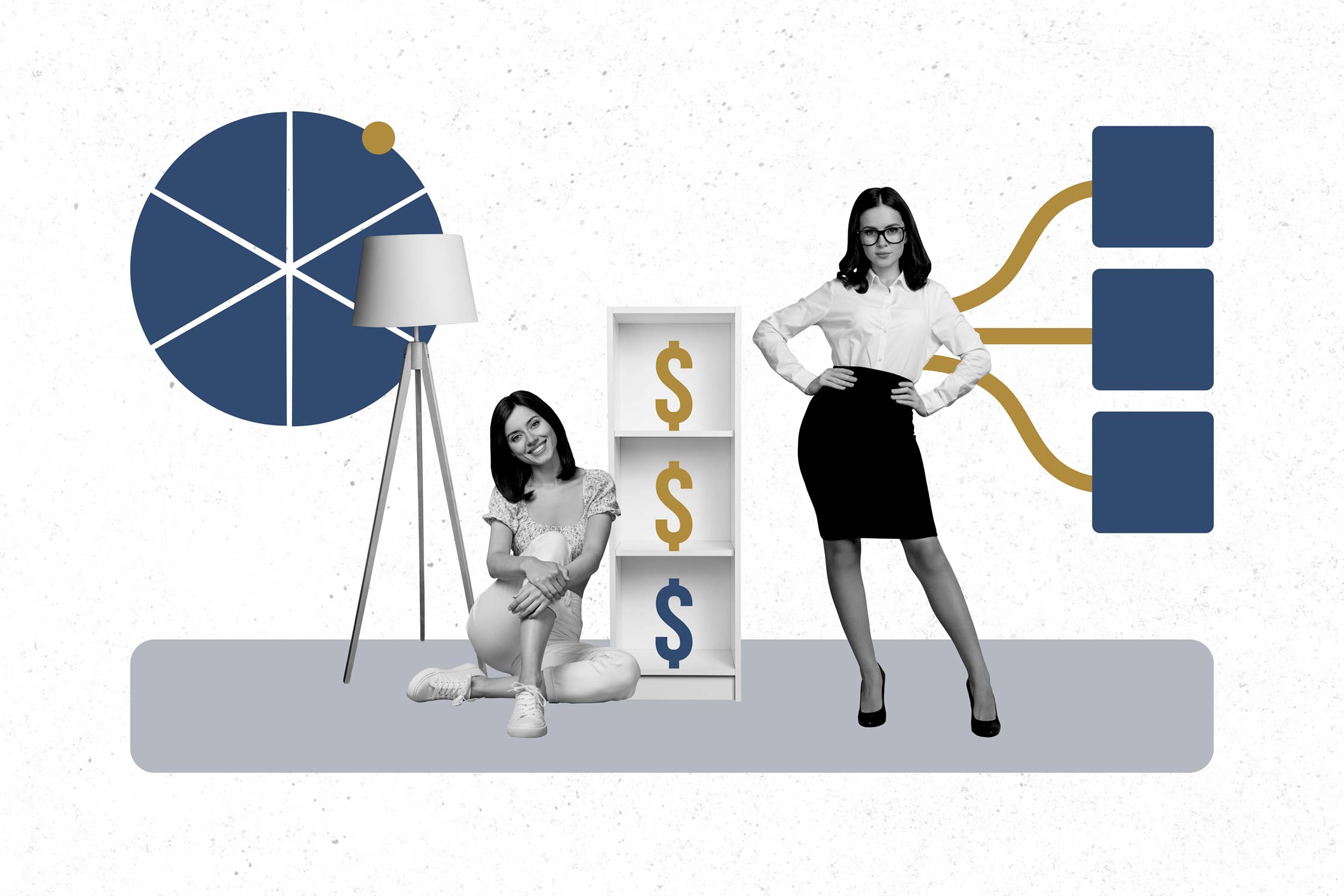 Katrin Pingel professionelle Coachin für Finanzen und Vorsorge aus Unna. Das Bild zeigt eine Collage. Zwei junge Frauen in schwarz-weiß schauen den Betrachter an. Die linke Frau sitzt ihr Knie umklammernd auf dem Boden und lächelt mit geneigtem Kopf in die Kamera. Hinter ihr steht eine Stehlampe mit Schirm. Die rechte Frau mit Brille steht mit in die Hüften gelegten Händen und ausgestreckten Ellenbogen und schaut ernst in die Kamera. Zwischen den Frauen steht ein Bücherregal, in den drei Fächern stehen Doller-Zeichen. Das Bild ist eher farblos gehalten. Die Collage wird für das Thema "Komm´ in mein Finanz­coaching, wenn du vor einer wichtigen Entscheidung in puncto Geld stehst“ verwendet.